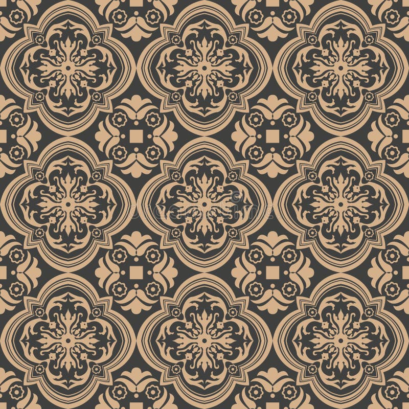 Vector damask seamless retro pattern background curve cross spiral leaf flower frame vine. Elegant luxury brown tone design for