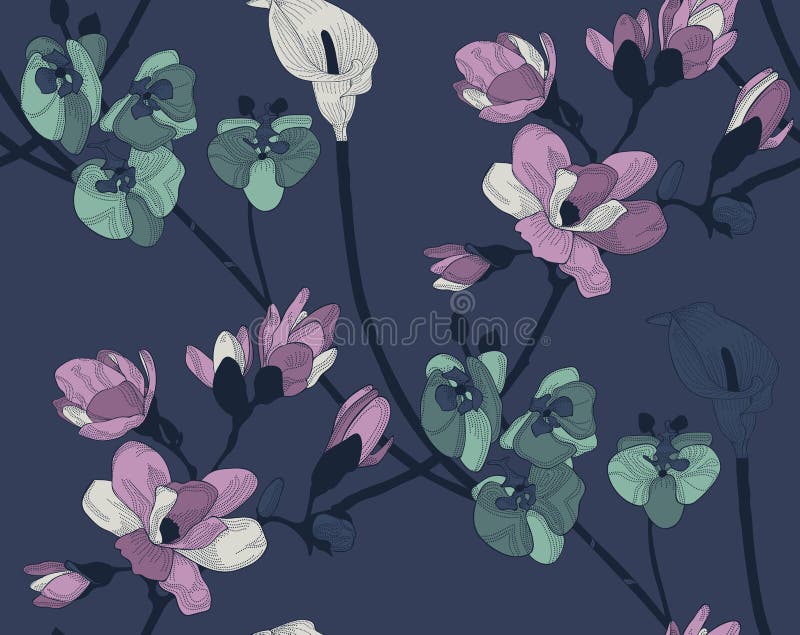 Vector Colorful Seamless Pattern with Drawn Flowers