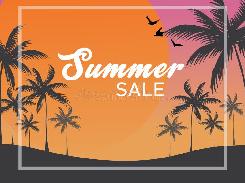 Vector de bannerachtergrond van de de Zomerverkoop, silhouetvogels en tropische kokospalmen met grote zon op schemeringhemel op a royalty-vrije illustratie Vector de bannerachtergrond van de de Zomerverkoop, silhouetvogels en tropische kokospalmen met grote zon op schemeringhemel op a royalty-vrije illustratie