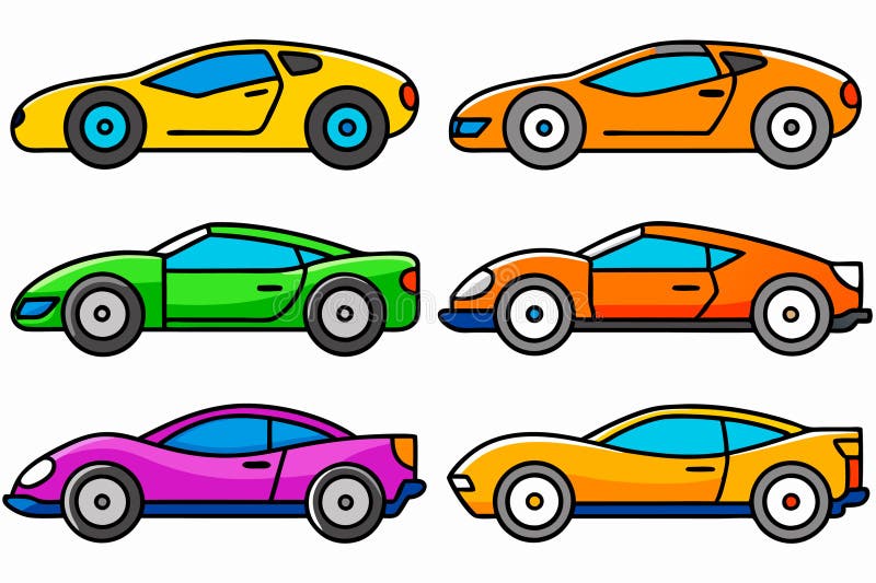 Vector de coche de seis colores diferentes. Seis vectores de autos de estilo caricaturista cada uno en un color diferente : amarillo naranja rojo púrpura y dorado. Estos coches presentan diseños simplificados con curvas destacadas. Las ventanas son ruedas azules de color gris, con cascos de colores variados que coinciden con el cuerpo del coche y las líneas de la puerta y del cuerpo agregan detalles estilizados. Organizados en dos filas de tres resaltan la variación en el diseño mientras mantienen un estilo cohesivo. La imagen enfatiza los colores en negrita y las líneas limpias típicas de las ilustraciones vectoriales.
