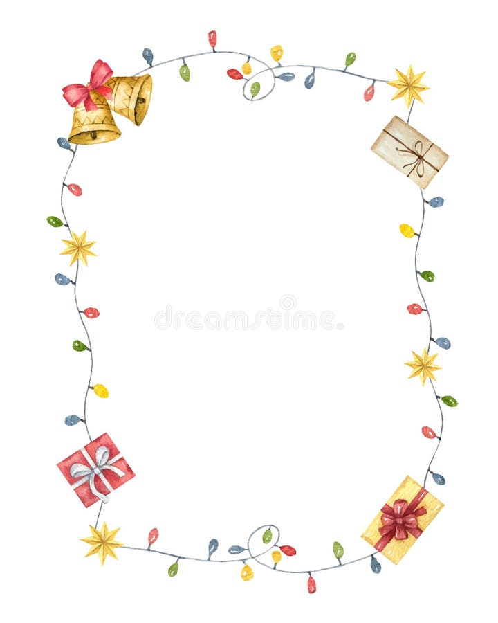 Vector de color de agua marco navideño con luces, regalos y campanas coloridas libre illustration