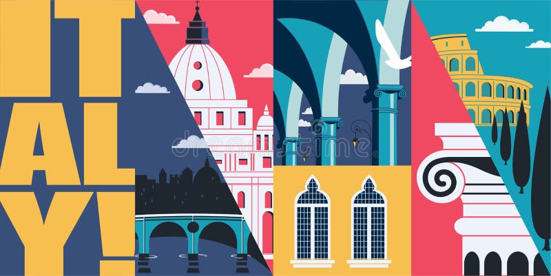 Italy vector skyline illustration, postcard. Travel to Italy, Rome modern flat graphic design element with Italian landmarks - Colosseum, St Peter cathedral, Bologna colonnade. Italy vector skyline illustration, postcard. Travel to Italy, Rome modern flat graphic design element with Italian landmarks - Colosseum, St Peter cathedral, Bologna colonnade