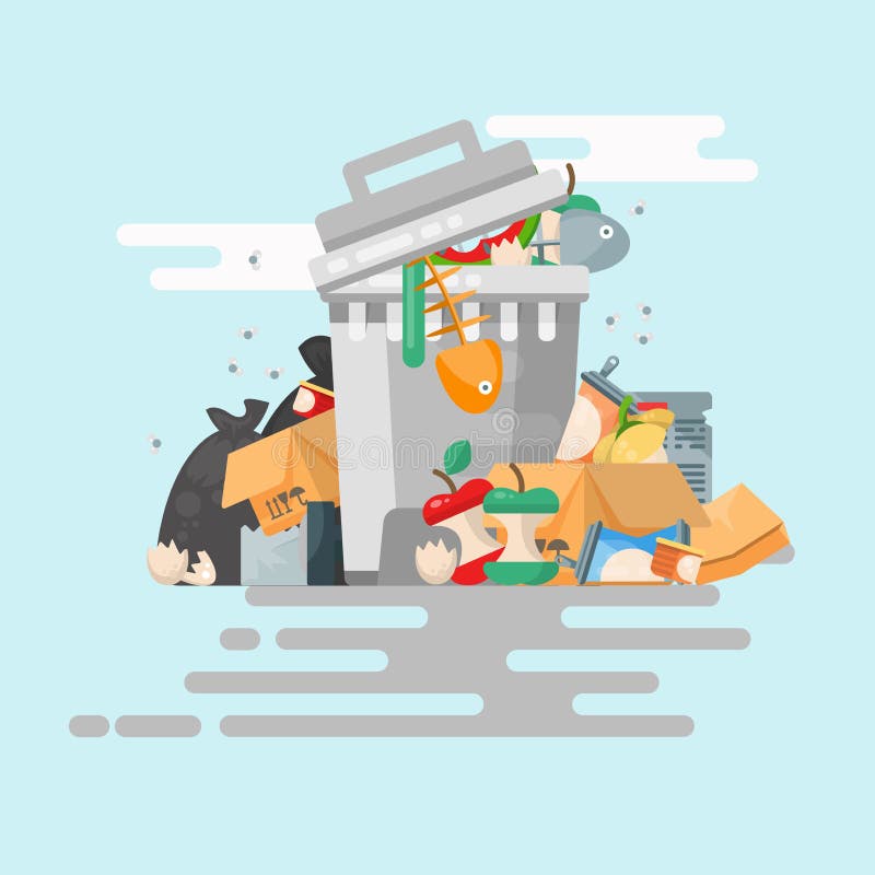 Vector de illustratiekaart van de huisvuilcontainer in moderne stijl Vuilnisbak met vuilnis wordt geplaatst dat malplaatje royalty-vrije illustratie Vector de illustratiekaart van de huisvuilcontainer in moderne stijl Vuilnisbak met vuilnis wordt geplaatst dat malplaatje royalty-vrije illustratie