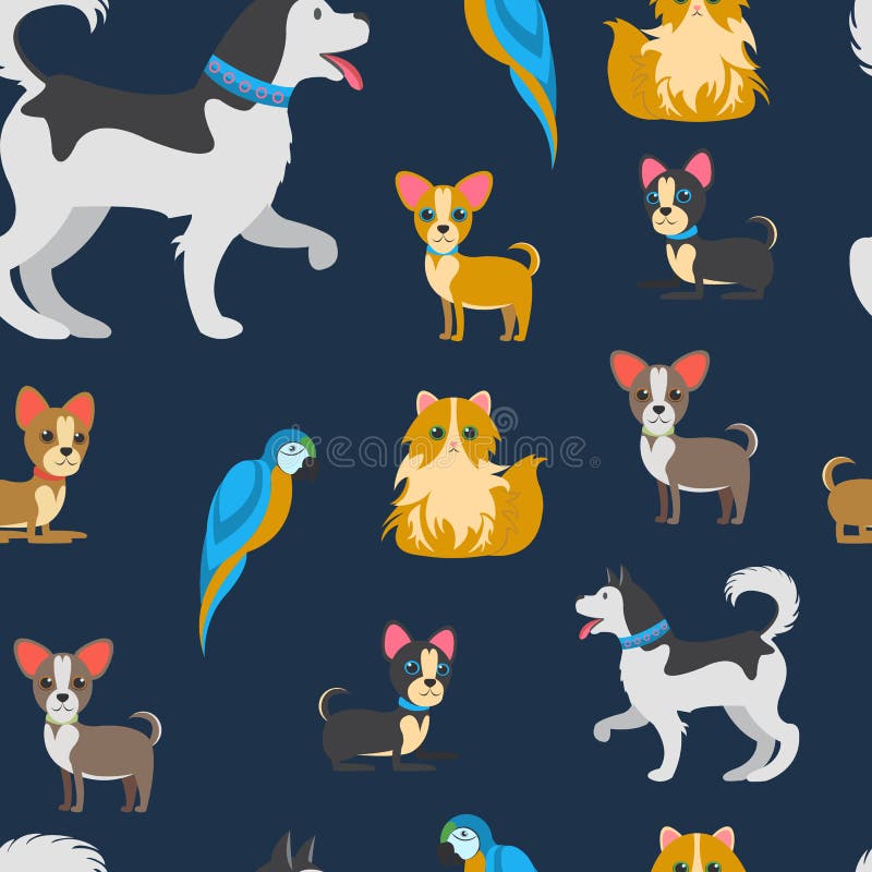 Vector de Kleuren Vlak Naadloos Patroon van beeldverhaalhuisdieren vector illustratie Vector de Kleuren Vlak Naadloos Patroon van beeldverhaalhuisdieren vector illustratie