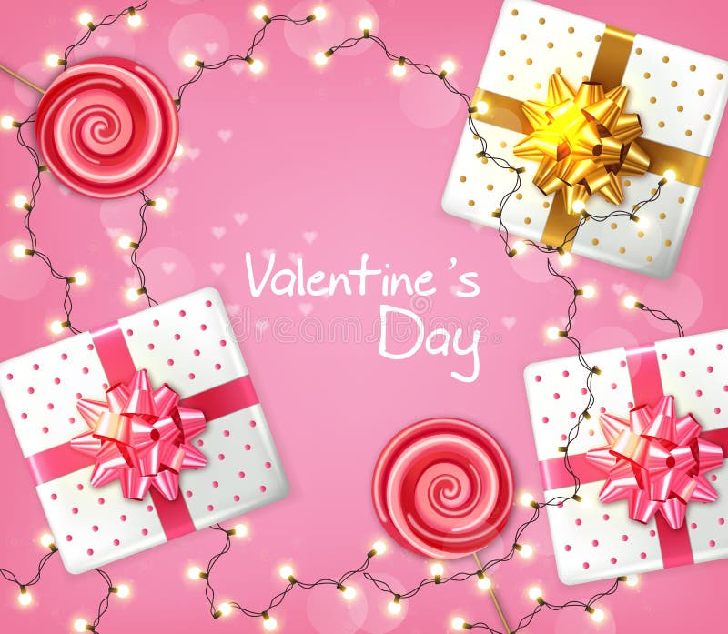 Vector de la guirnalda de las cajas y de las luces de regalo del día de San Valentín realista Celebre la tarjeta del amor r stock de ilustración Vector de la guirnalda de las cajas y de las luces de regalo del día de San Valentín realista Celebre la tarjeta del amor r stock de ilustración