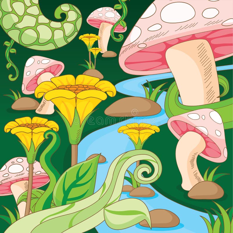 Vector de la historieta de la flor y de la seta del jardín del país de las maravillas libre illustration Vector de la historieta de la flor y de la seta del jardín del país de las maravillas libre illustration