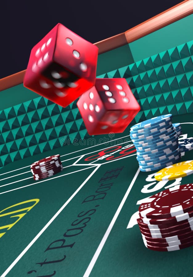 3D Casino craps table, dice in motion, wide depth of field with background blurred a bit. v1. 3D Casino craps table, dice in motion, wide depth of field with background blurred a bit. v1