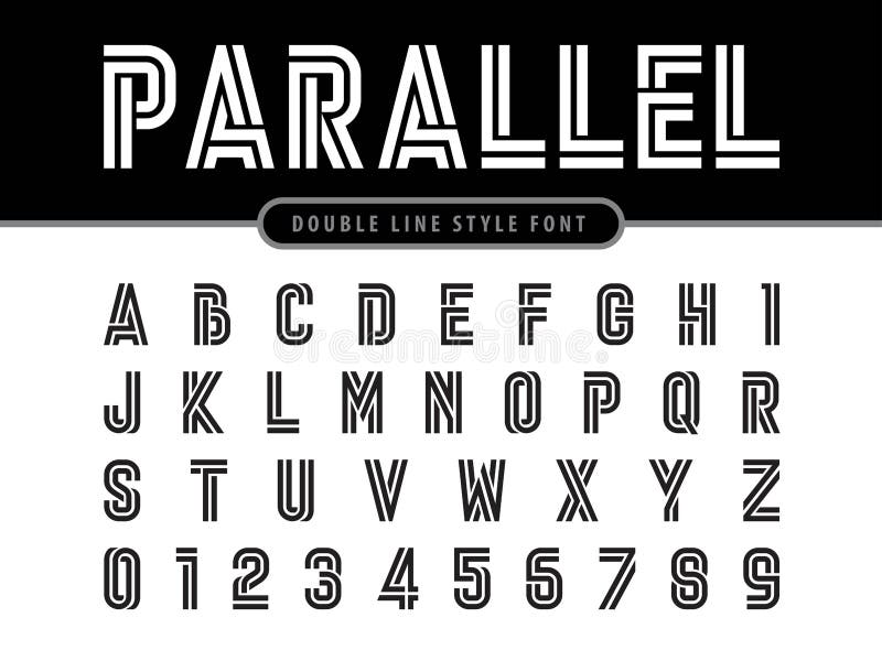 Vector de letras alfabéticas modernas y números líneas paralelas estilizadas fuentes redondeadas