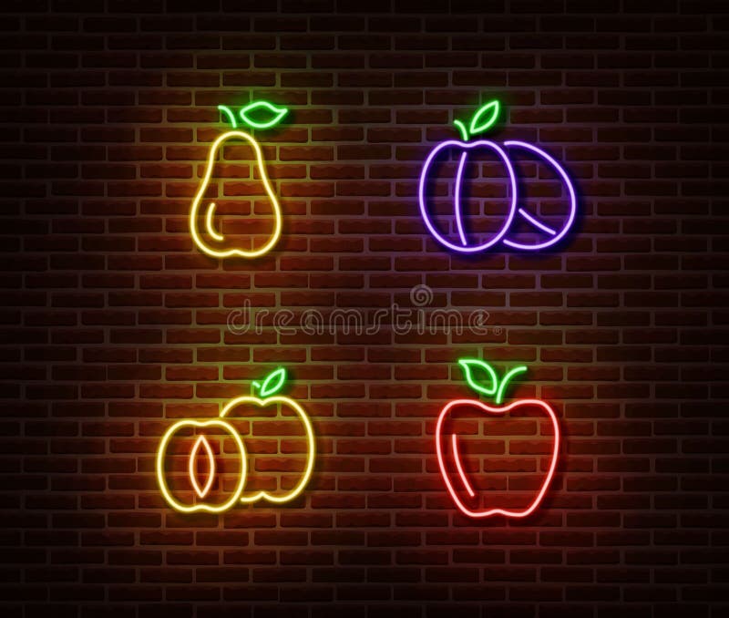 Vector de neón de las muestras de las frutas de las verduras aislado en la pared de ladrillo Pera, ciruelos maduros, manzana, luz stock de ilustración Vector de neón de las muestras de las frutas de las verduras aislado en la pared de ladrillo Pera, ciruelos maduros, manzana, luz stock de ilustración