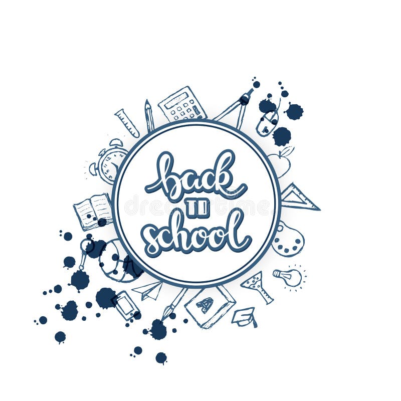 Vector de nuevo a fondo de la escuela con el texto dibujado mano y diversa materia de la escuela alrededor stock de ilustración Vector de nuevo a fondo de la escuela con el texto dibujado mano y diversa materia de la escuela alrededor stock de ilustración
