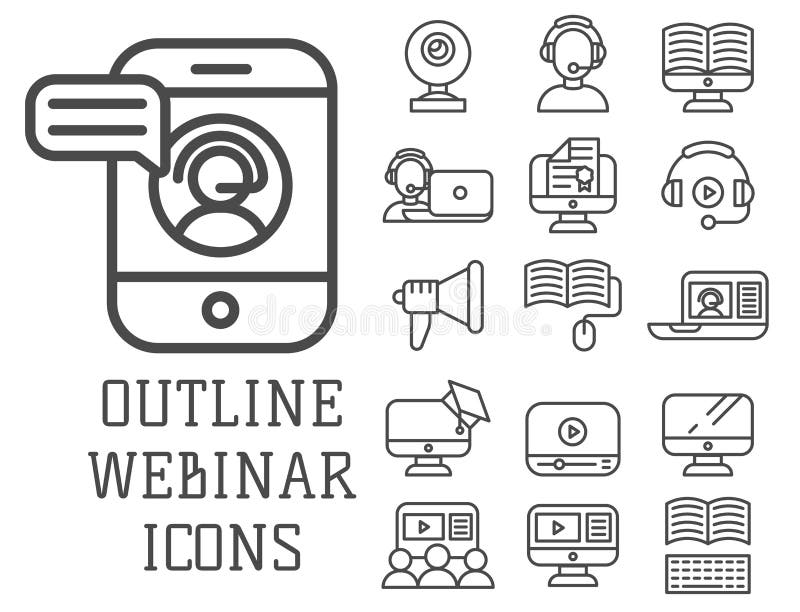 Vector business webinar and online education outline icons concepts illustration internet trainings courses school teamwork. Tutorial science graduation development black white symbols. Vector business webinar and online education outline icons concepts illustration internet trainings courses school teamwork. Tutorial science graduation development black white symbols.