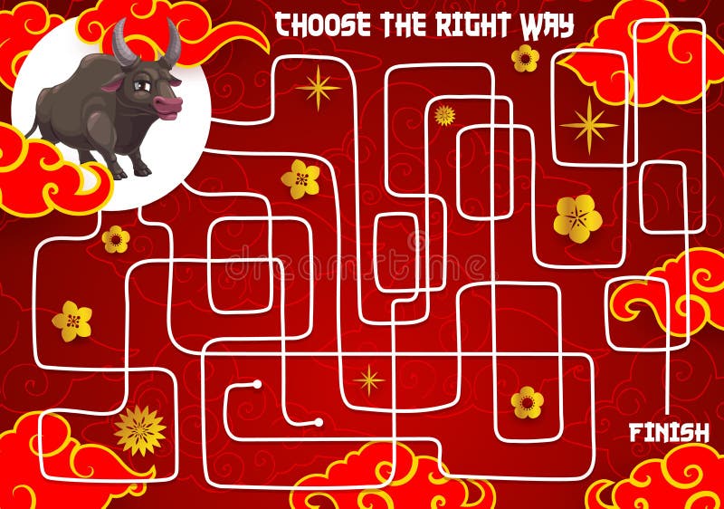 Child New Year maze, find path game with chinese zodiac ox. Children labyrinth game, kids holiday playing activity with search way task. Lotus and cherry golden flowers, bull animal cartoon vector. Child New Year maze, find path game with chinese zodiac ox. Children labyrinth game, kids holiday playing activity with search way task. Lotus and cherry golden flowers, bull animal cartoon vector