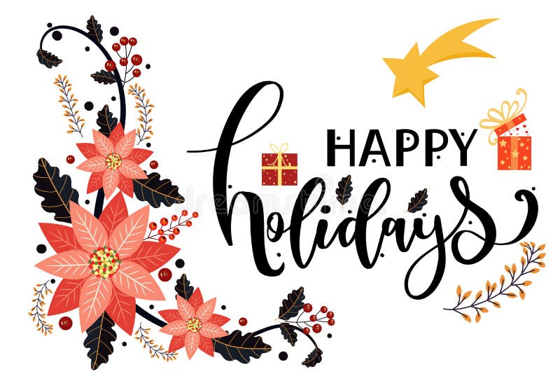 Vector de tarjetas Felices, poinsettias con hojas y tipografía Ilustración de adornos de decoración Celebración del feriado ilustración del vector Vector de tarjetas Felices, poinsettias con hojas y tipografía Ilustración de adornos de decoración Celebración del feriado ilustración del vector
