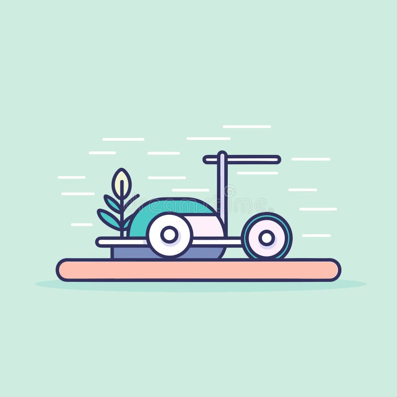 Vector de un vector de icono plano de una cortadora de césped con una planta en la parte superior. Una cortadora de césped con una planta encima
