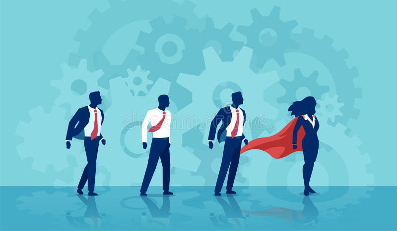 Vector de un líder de la empresaria del superhéroe y de su equipo de hombres de negocios stock de ilustración Vector de un líder de la empresaria del superhéroe y de su equipo de hombres de negocios stock de ilustración