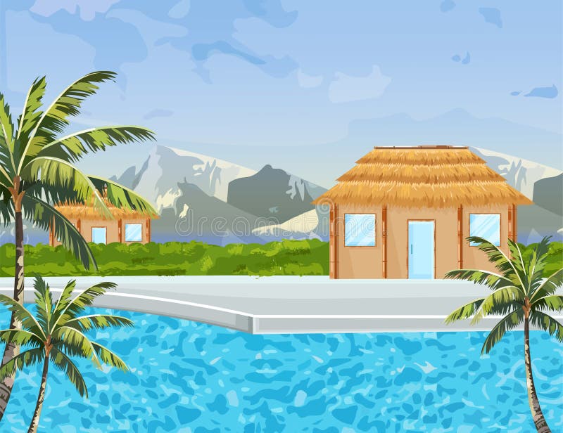 Vector de zomerachtergrond van kusthuizen Tropische paradijs blauwe water en bergen stock illustratie Vector de zomerachtergrond van kusthuizen Tropische paradijs blauwe water en bergen stock illustratie