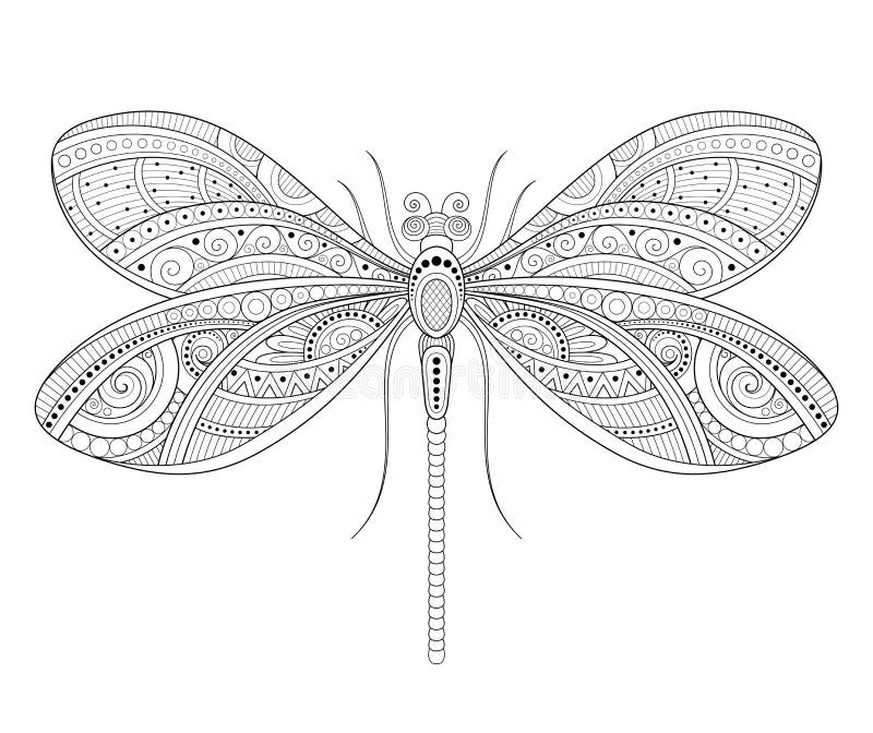 Vector Decorative Ornate Dragonfly. Monochrome Illustration of Exotic Insect. Patterned Design Element. Vector Decorative Ornate Dragonfly. Monochrome Illustration of Exotic Insect. Patterned Design Element