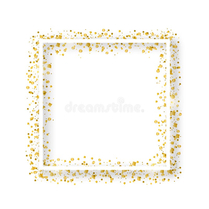 Vector falling in lines gold glitter confetti dots rain. Golden garland  lights isolated on white background. Sparkling glitter border, party  tinsels shimmer, holiday background design, festive frame Stock Vector