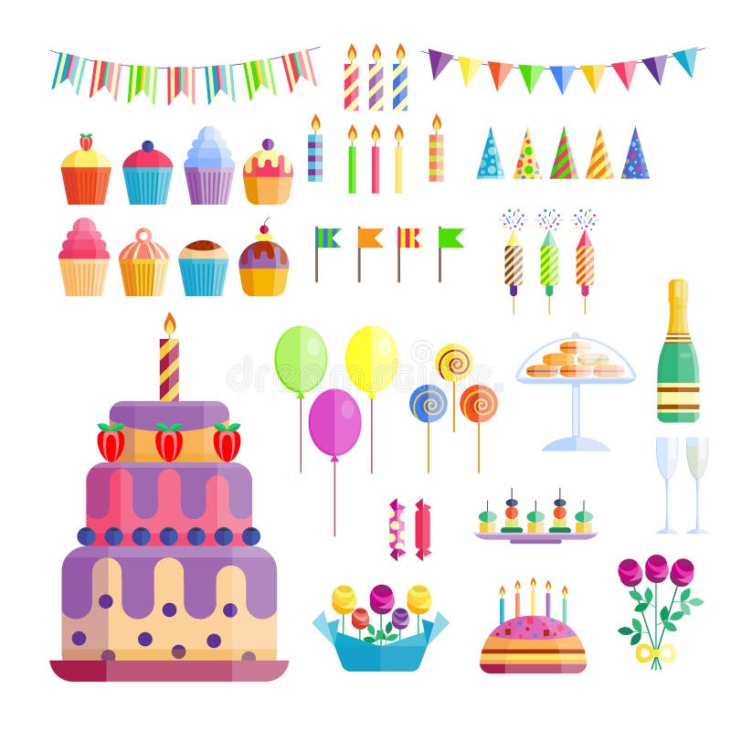 Party icons celebration happy birthday surprise decoration cocktail champagne event anniversary hat collection. Fun confetti and flags symbols present entertainment vector illustration. Party icons celebration happy birthday surprise decoration cocktail champagne event anniversary hat collection. Fun confetti and flags symbols present entertainment vector illustration.