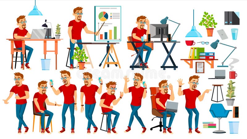 Vector del carácter del hombre de negocios Trabajadores fijados Oficina, estudio creativo barbudo Trabajador Aislado en el fondo ilustración del vector Vector del carácter del hombre de negocios Trabajadores fijados Oficina, estudio creativo barbudo Trabajador Aislado en el fondo ilustración del vector