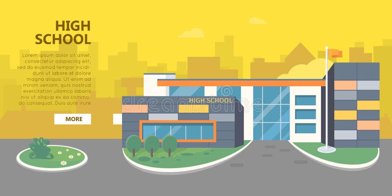 Vector del edificio de la High School secundaria en diseño plano del estilo stock de ilustración Vector del edificio de la High School secundaria en diseño plano del estilo stock de ilustración