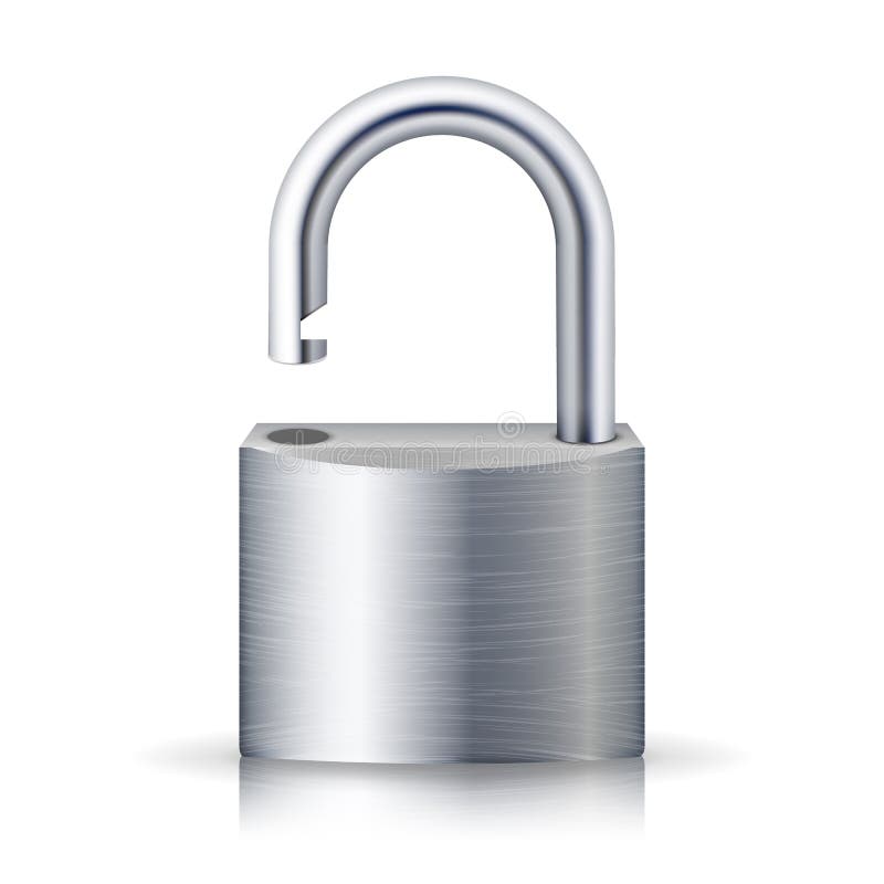 Vector desbloqueado realista del candado Cerradura del metal para el ejemplo de la seguridad Aislado en blanco con la sombra y la libre illustration Vector desbloqueado realista del candado Cerradura del metal para el ejemplo de la seguridad Aislado en blanco con la sombra y la libre illustration