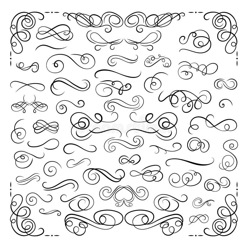 Vector Design Elements Set, Scrolls and Swirls, Drawn Calligraphic Swirly Lines Isolated on White Background, Book Decorations. stock illustration Vector Design Elements Set, Scrolls and Swirls, Drawn Calligraphic Swirly Lines Isolated on White Background, Book Decorations. stock illustration