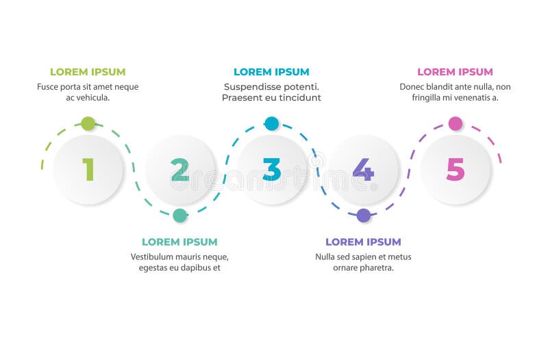 Vector design of infographic template with 5 horizontal stages or steps and text blocks stock illustration