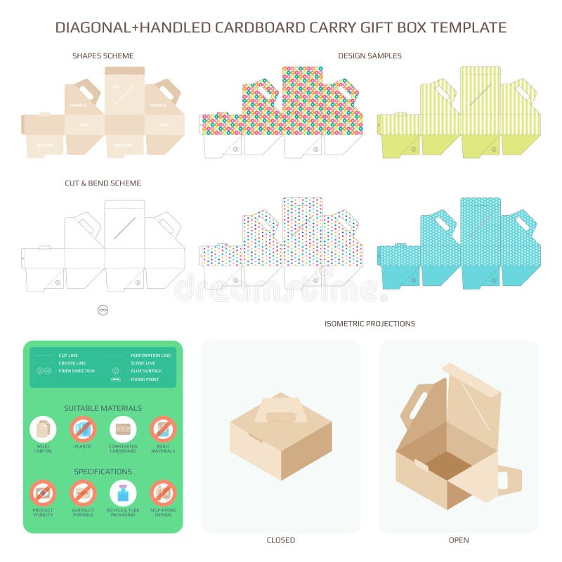 Vector diagonal handled carry cardboard gift box templates set vector illustration