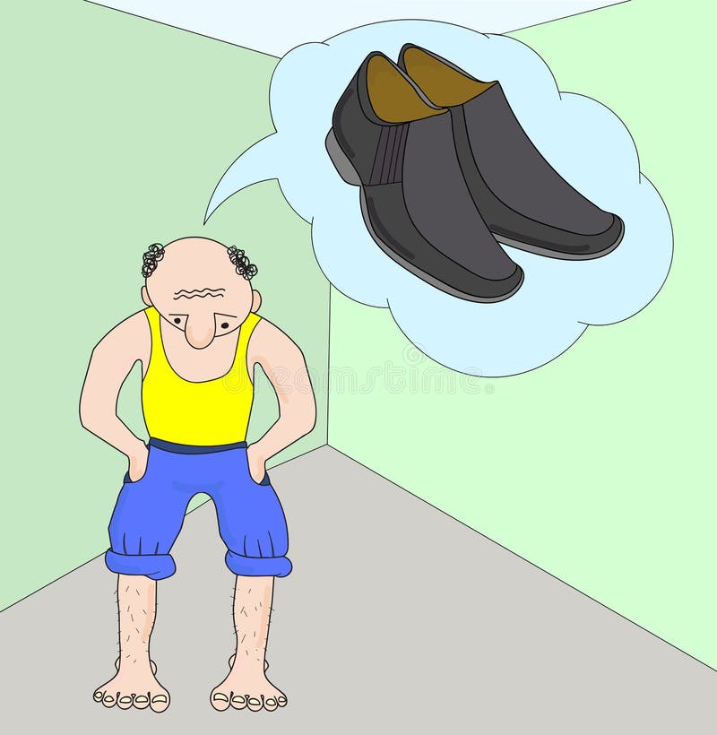 Vector cartoon flat man conceives, dreams of buying shoe. Barefoot male thinks about shoes. Vector cartoon flat man conceives, dreams of buying shoe. Barefoot male thinks about shoes