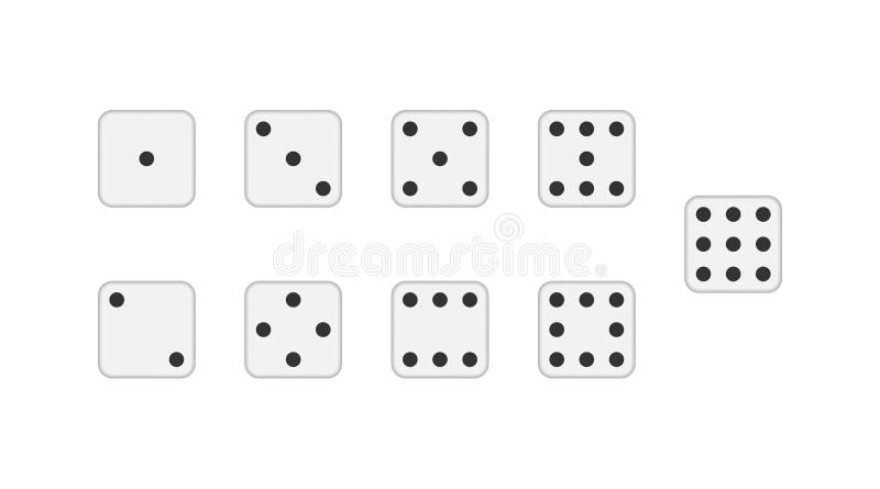 Vector Dice. White cubes icons with black circles. Six and nine dice. One two three four five dots. Devils bones poker game