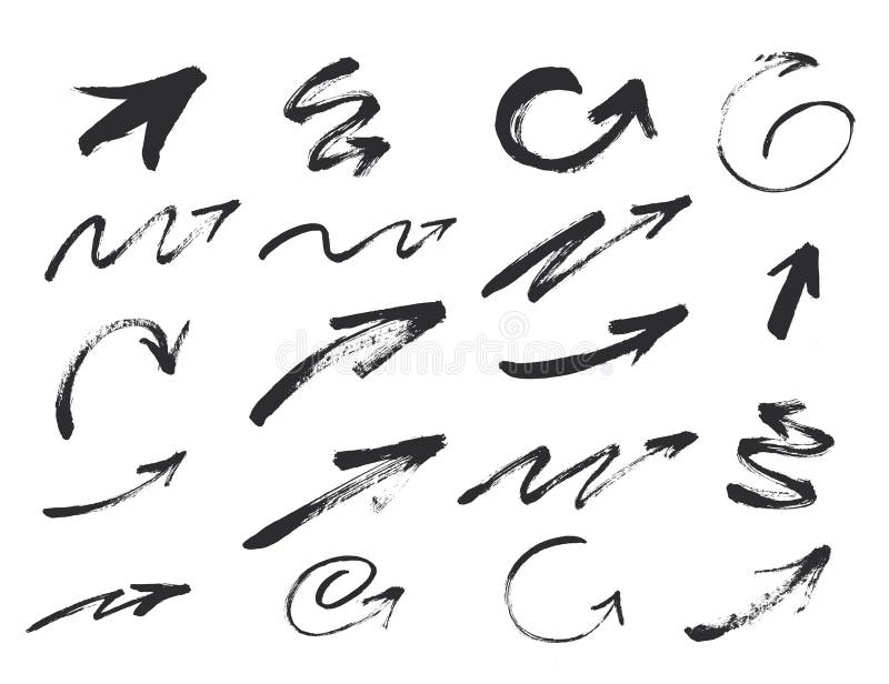 Vector die schwarzen Pfeile des Schmutzes, die auf weißem Hintergrund lokalisiert werden Gezeichnetes Tintenzeichen der Richtung lizenzfreie abbildung