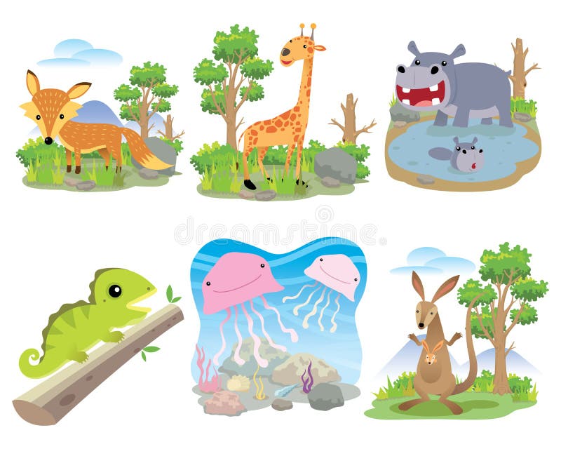 Vector dierlijke reeks, Vos, giraf, hippo, kameleon, kwallen, kangoeroe, vector illustratie Vector dierlijke reeks, Vos, giraf, hippo, kameleon, kwallen, kangoeroe, vector illustratie