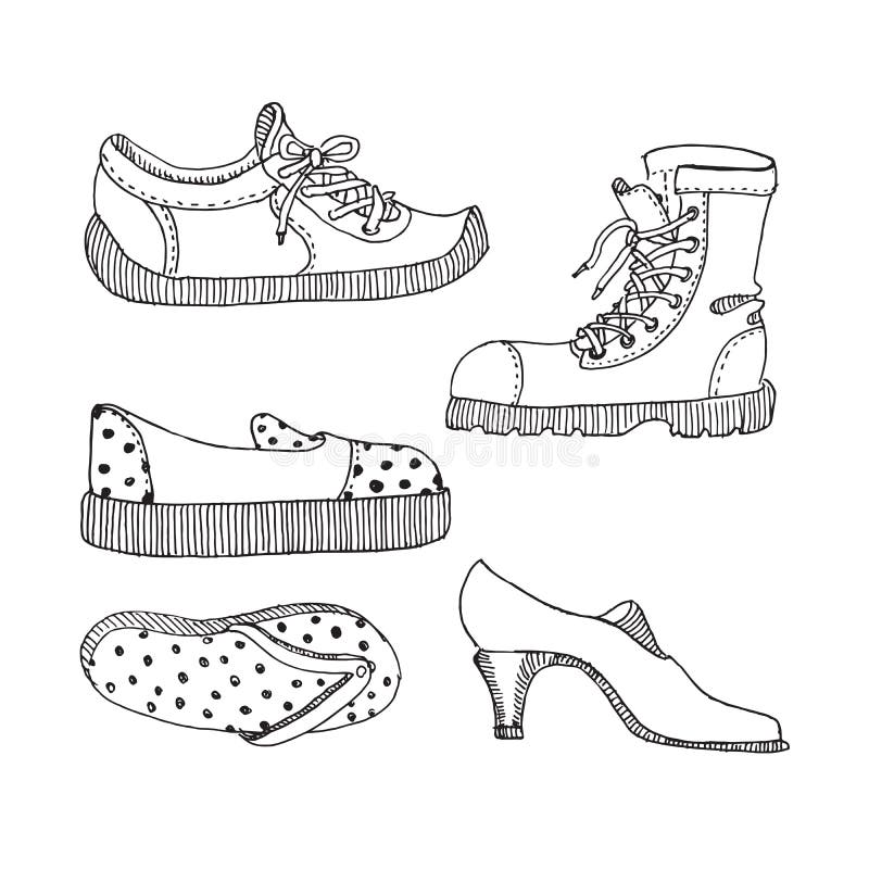 Vector Different Doodle Shoes. Stock Vector Illustration of outline
