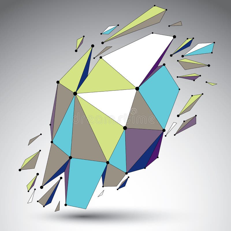 Vector dimensional colorful wireframe object, demolished shape w. Ith refractions and wreckage. 3d mesh digital technology element broken into pieces stock illustration Vector dimensional colorful wireframe object, demolished shape w. Ith refractions and wreckage. 3d mesh digital technology element broken into pieces stock illustration
