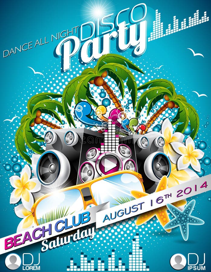 Vector Disco Party Flyer Design with speakers and sunglasses on blue background