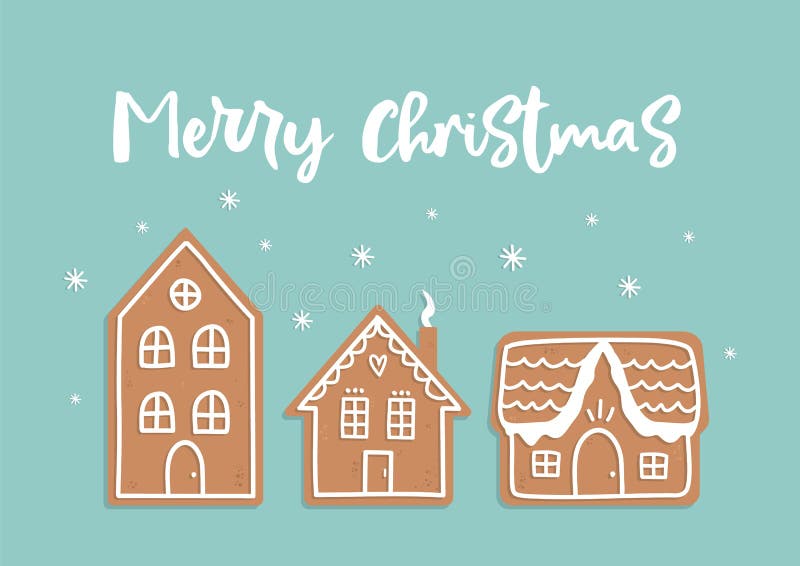 Vector doodle kerstkaart met gingerbroodhuizen op blauwe achtergrond royalty-vrije illustratie Vector doodle kerstkaart met gingerbroodhuizen op blauwe achtergrond royalty-vrije illustratie