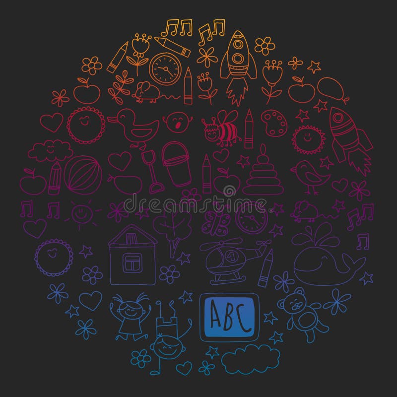 Vector Doodle Set with Kindergarten Children. Small Kids Play, Learn