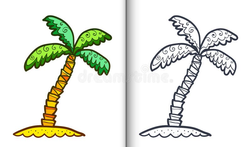 Vector doodle style green palm tree. Coloring book pages with clear lineart and colored sample royalty free illustration Vector doodle style green palm tree. Coloring book pages with clear lineart and colored sample royalty free illustration