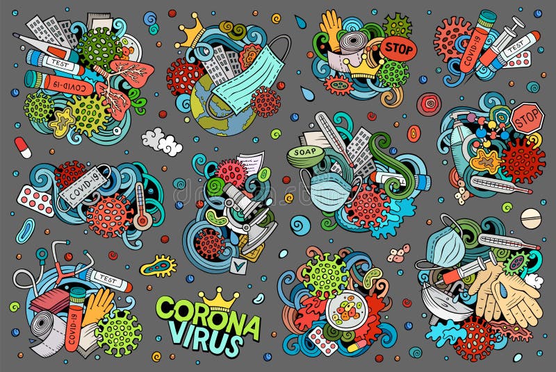 Vector doodles cartoon set of Coronavirus objects and elements. Colorful vector hand drawn doodles cartoon set of Coronavirus combinations of objects and royalty free illustration Vector doodles cartoon set of Coronavirus objects and elements. Colorful vector hand drawn doodles cartoon set of Coronavirus combinations of objects and royalty free illustration