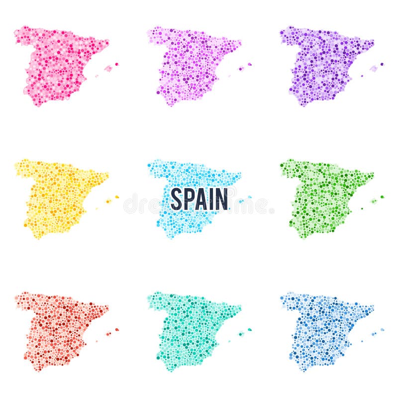 Vector dotted colourful map of Spain. Set of different color solutions