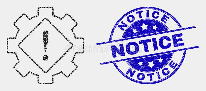Vector Dotted Gear Warning Icon and Scratched Notice Stamp royalty free illustration