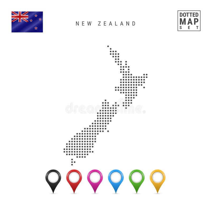 Vector Dotted Map of New Zealand. Simple Silhouette of New Zealand. Flag of New Zealand. Set of Multicolored Map Markers royalty free illustration Vector Dotted Map of New Zealand. Simple Silhouette of New Zealand. Flag of New Zealand. Set of Multicolored Map Markers royalty free illustration