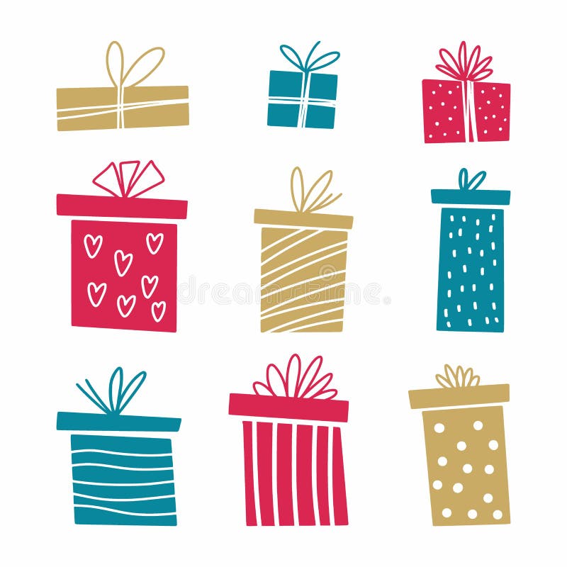 Vector Drawing of Boxes with Gifts Drawn by Hand Stock Vector