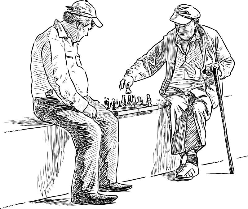 Vector drawing of the elderly men playing a chess in a city park. Vector drawing of the elderly men playing a chess in a city park.