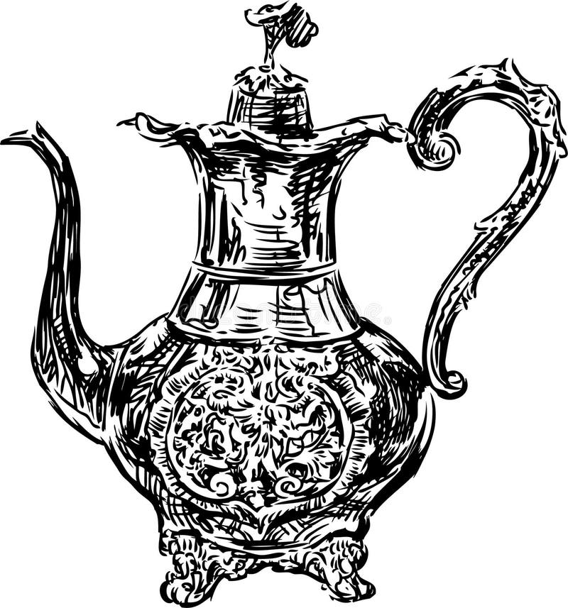 Vintage Tea Kettle Hand Draw Engraving Illustration Black And