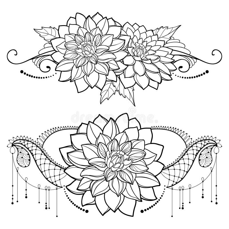 Vector Drawing of Outline Dahlia or Dalia Flower Bunch, Lace and Swirls in  Black Isolated on White Background. Floral Tattoo. Stock Vector -  Illustration of outline, black: 158169993