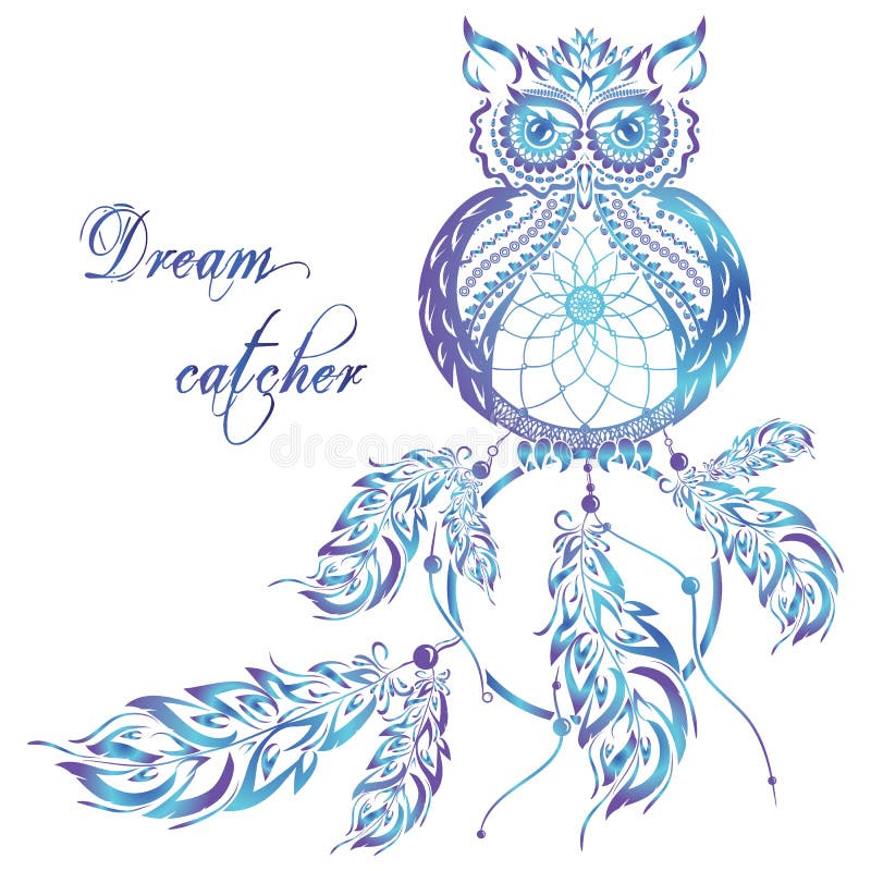 Vector dream catcher owl. Blue background.