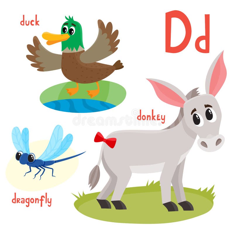 Vector Duck, Donkey, Dragonfly in Cartoon Style Isolated on White ...