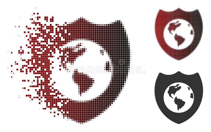 Decomposed Pixel Halftone Earth Shield Icon. Vector Earth shield icon in fractured, pixelated halftone and undamaged solid variants. Disappearing effect involves square scintillas and horizontal gradient from red to black.